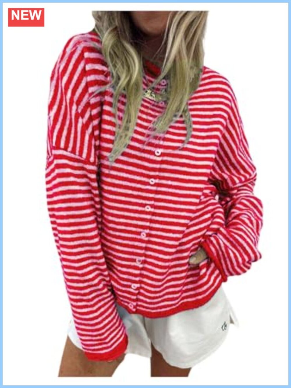 Striped Button Down Long Sleeve Rib Knit Loose Cardigan Sweater